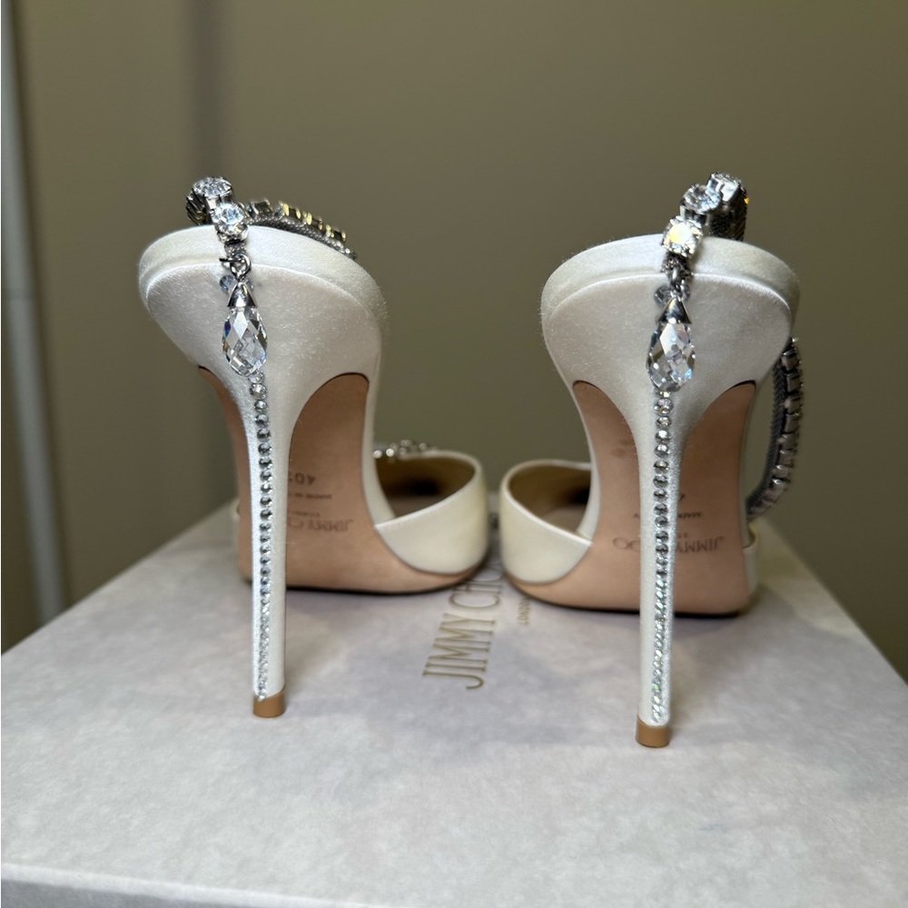Jimmy Choo BRIDAL White Satin Crystal-Trim Slingback Pumps - Picture 13 of 16